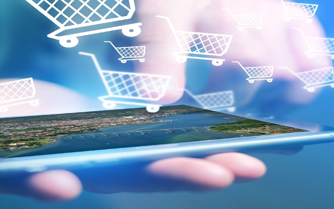 iPad med billede over Svendborg, indkøbsvogne