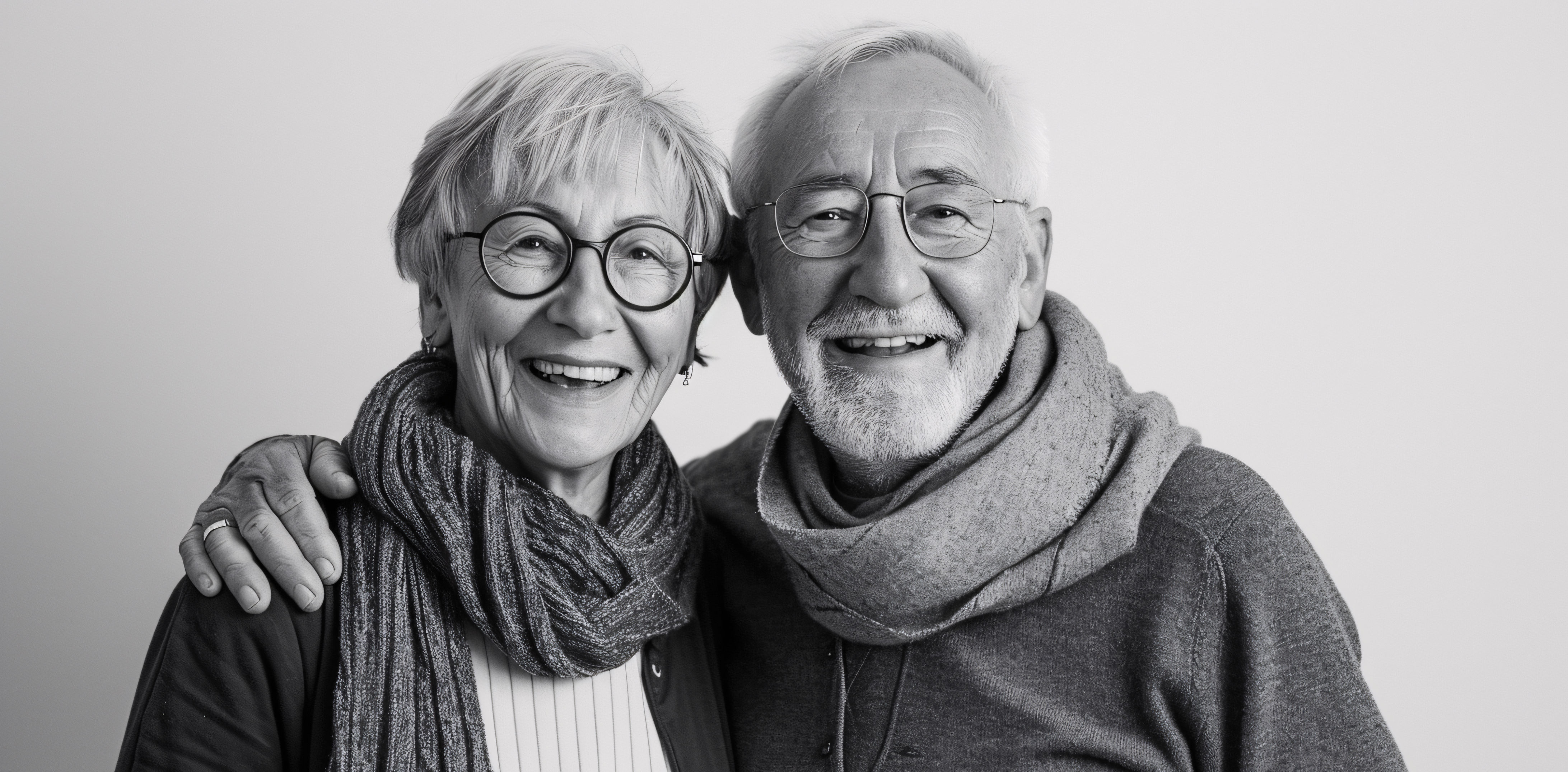Sort og hvidt billede af et ældre par, der står tæt sammen