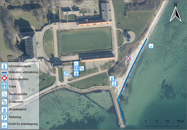 Her ser du en oversigt over de forskellige steder ved stranden.