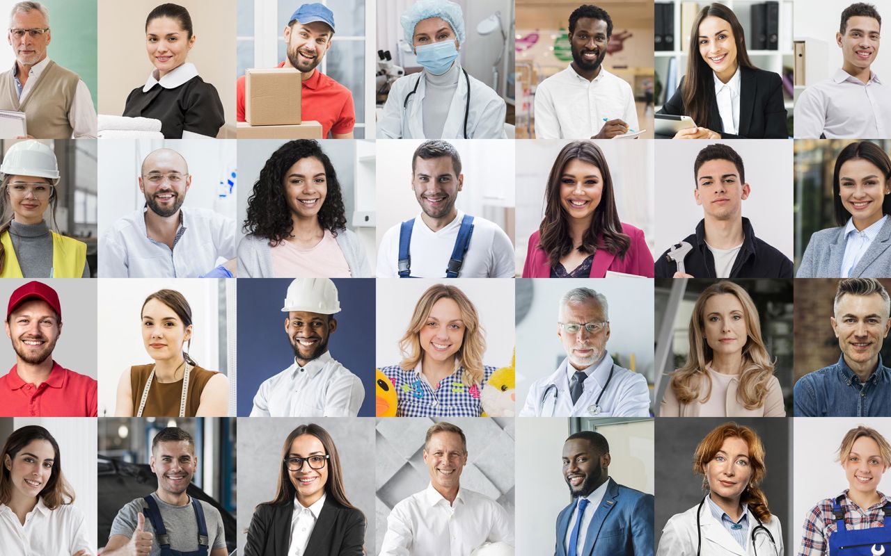 Collage af mennesker i forskellige jobfunktioner