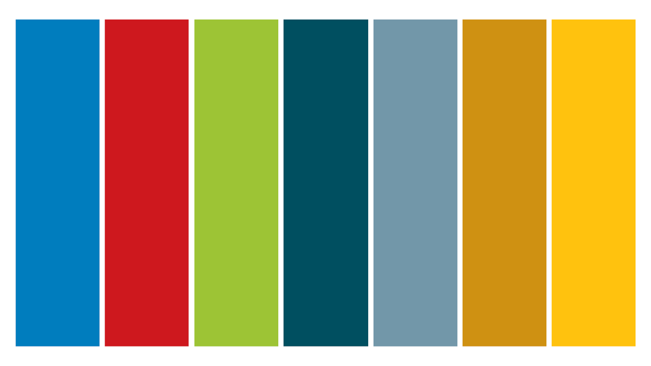 Fem farvede bjælker: Blå, rød, grøn, mørkeblå, lys grå, gylden og gul.