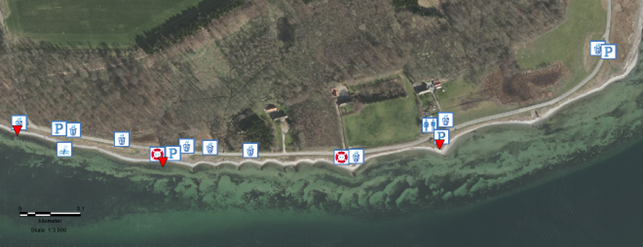 Her ser du en oversigt over de forskellige steder ved stranden.