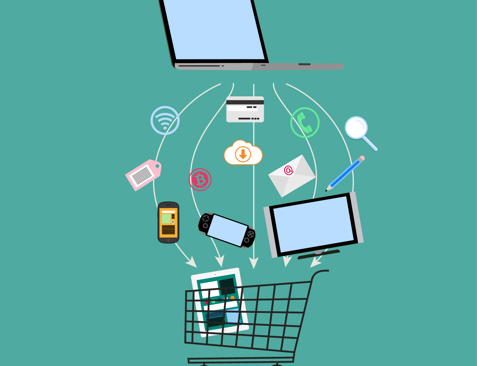 indkøbsvogn, computer,