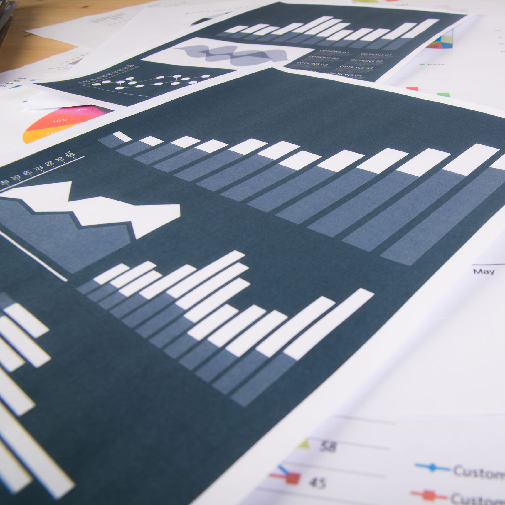 Papirer spredt ud på et bord. På papirerne er der søjlediagrammer og tabeller.